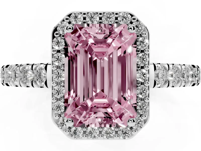 Fancy Pink Emerald Cut Diamond Halo Engagement Ring Set in Platinum with Pavé Band and Prong Setting