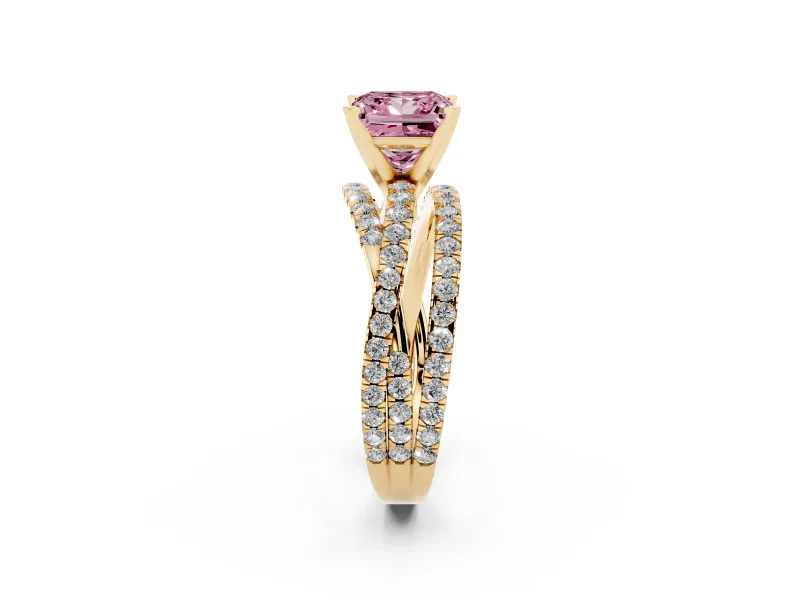 Fancy Pink Princess Cut Diamond Solitaire Twist Band Ring Set in Yellow gold with Pavé Setting and Prong Head