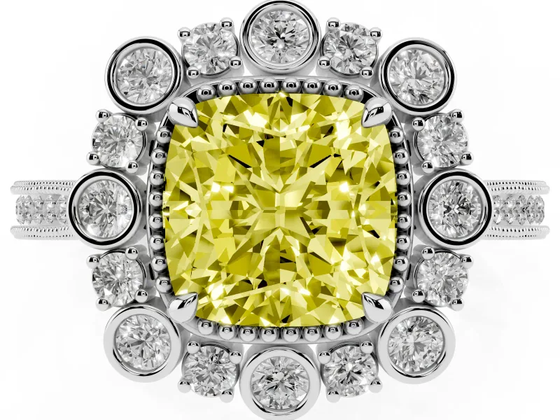 Cushion Cut Scalloped Halo Engagement Ring Setting for a Fancy Yellow Lab-Grown Diamond | Milgrain Edges | White Gold