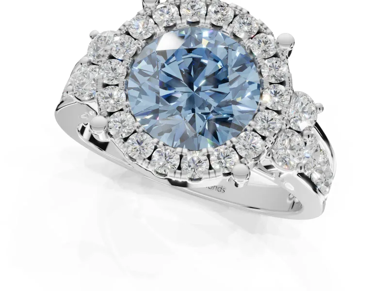 Round Halo Engagement Ring Setting for a Fancy Blue Lab-Grown Diamond | Graduated Channel Band | Sterling Silver