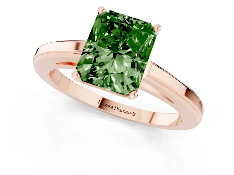 Fancy Green Radiant Cut Diamond Solitaire Ring Set in Rose gold with Prong Setting and Classic Band