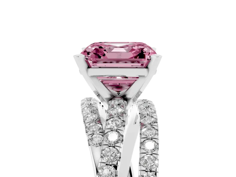 Fancy Pink Asscher Cut Diamond Solitaire Twist Band Ring Set in White gold with Pavé Setting and Prong Head