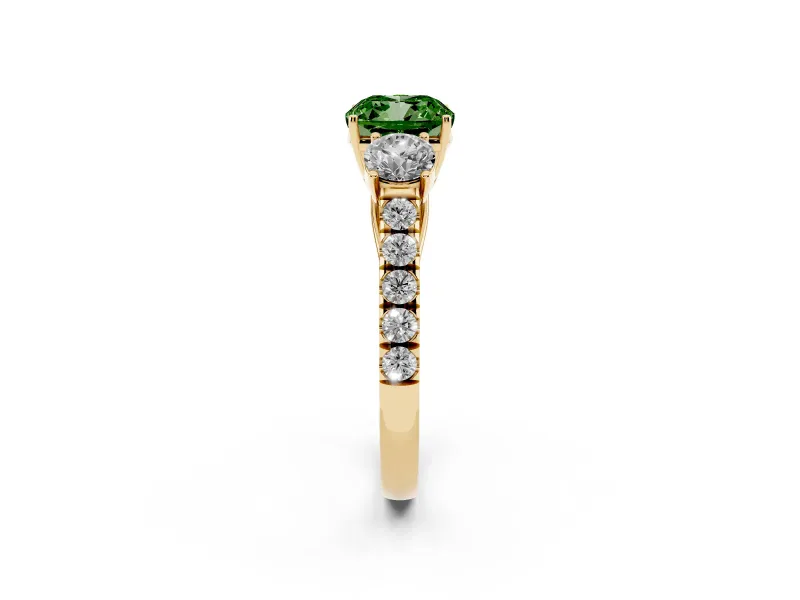 Cushion Cut Engagement Ring Setting for a Fancy Green Lab-Grown Diamond | Three Stone | Yellow Gold