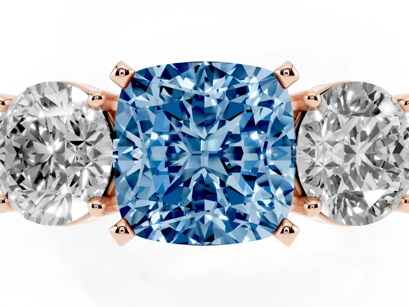 Cushion Cut Three Stone Engagement Ring Setting for a Fancy Blue Lab-Grown Diamond | Wide Plain Band | Rose Gold