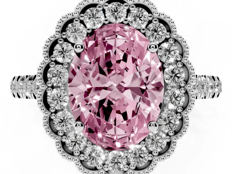 Fancy Pink Oval Cut Diamond Milgrain Floral Halo Engagement Ring Set in White gold with Pavé Band