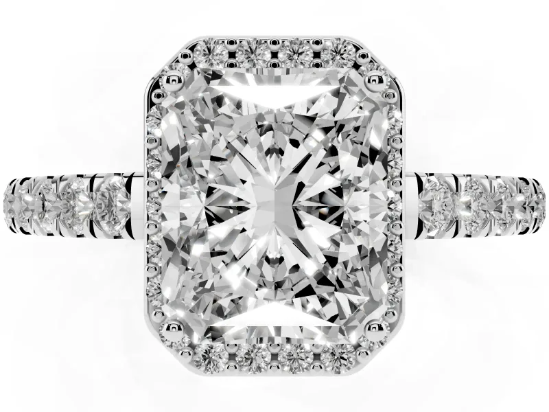 Radiant Cut Diamond Halo Engagement Ring Set in Silver with Pavé Band and Prong Setting