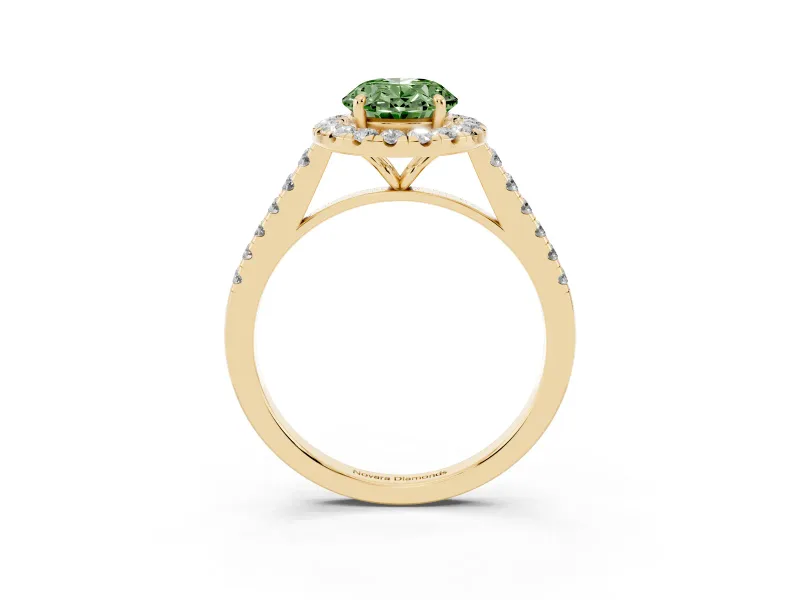 Oval Halo Engagement Ring Setting for a Fancy Green Lab-Grown Diamond | Pave Shoulders | Yellow Gold
