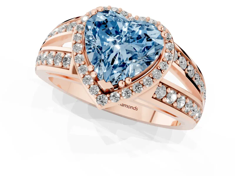 Fancy Blue Heart Cut Diamond Halo Ring Set in Rose gold with Double Pavé Split Shank