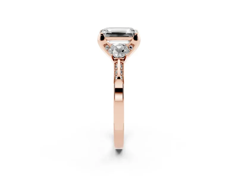 Emerald Cut Hidden Halo Three Stone Engagement Ring Setting | Pave Gallery | Rose Gold
