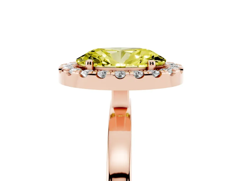Fancy Yellow Oval Cut Diamond Halo Solitaire Ring Set in Rose gold with Pavé Band and Prong Setting