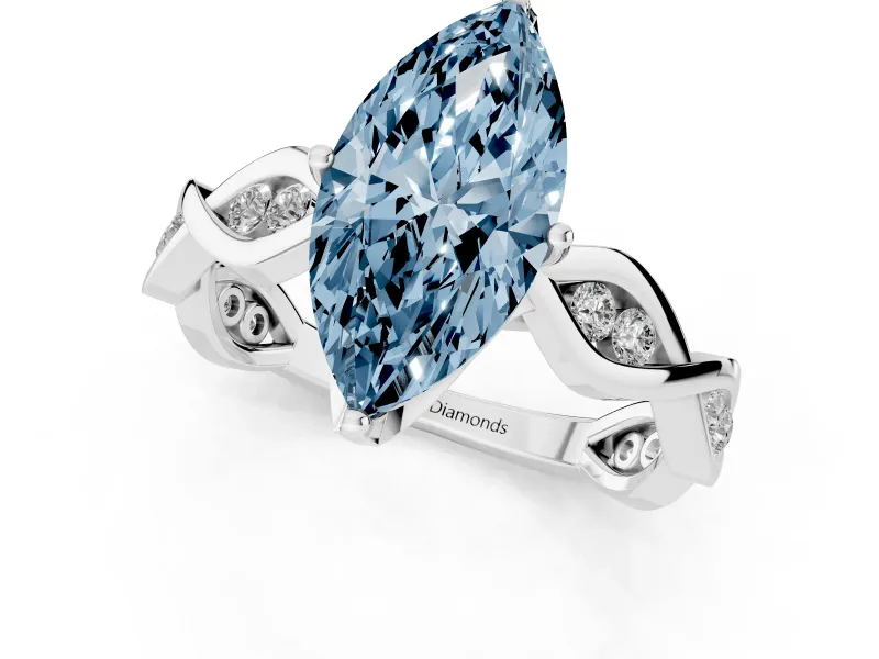Fancy Blue Marquise Cut Diamond Twist Band Solitaire Ring Set in Silver with Leaf Prong Setting and Accent Stones