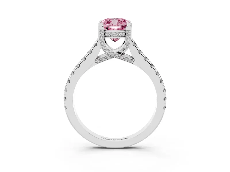 Fancy Pink Cushion Cut Diamond Solitaire Ring Set in Silver with Brilliant Pavé Band and Prong Setting