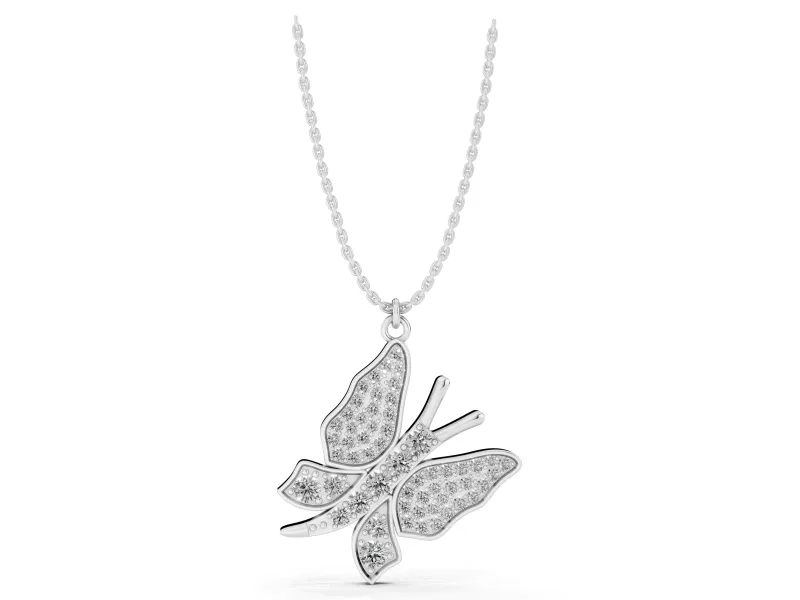 Round Lab-Grown Diamond Pavé Butterfly Pendant Necklace | Stone-Set Body | Sterling Silver
