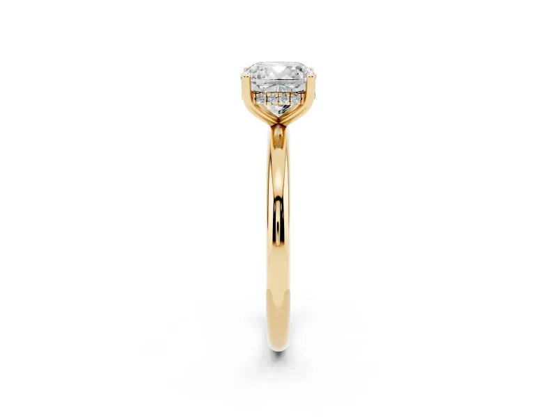 Cushion Cut Diamond Solitaire Engagement Ring Set in Yellow gold with Prong Setting and Polished Band