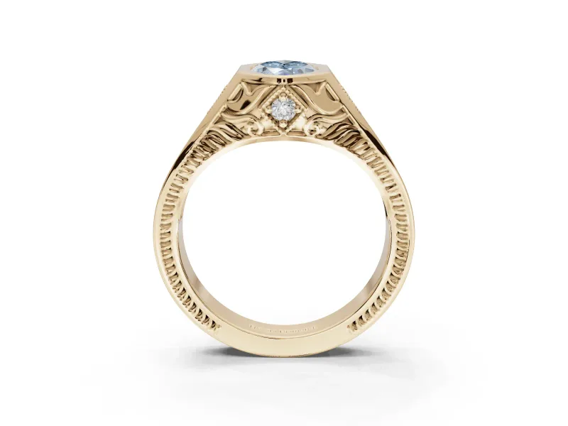 Marquise Vintage Bezel Engagement Ring Setting for a Fancy Blue Lab-Grown Diamond | Engraved Band | Yellow Gold