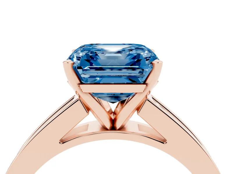 Fancy Blue Asscher Cut Diamond Solitaire Ring Set in Rose gold with Channel-Set Band and Prong Setting