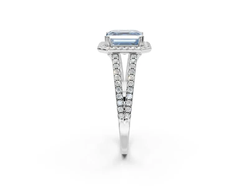 Asscher Cut Halo Split Shank Engagement Ring Setting for a Fancy Blue Lab-Grown Diamond | Pavé Shoulders | Platinum