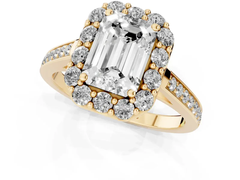 Emerald Cut Diamond Floral Halo Ring Set in Yellow gold with Pavé Band and Prong Setting