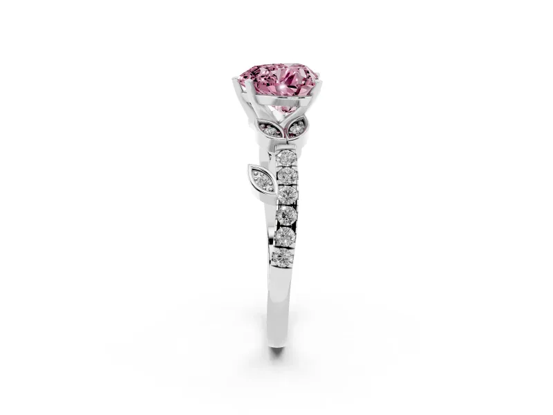 Fancy Pink Heart Cut Diamond Solitaire Leaf-Inspired Ring Set in Silver with Pavé Band and Prong Setting