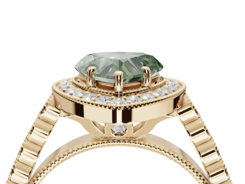 Fancy Green Heart-Shaped Lab-Grown Diamond Milgrain Halo Solitaire Ring Set in Yellow Gold with Bezel Set Side Stones and Pavé Band