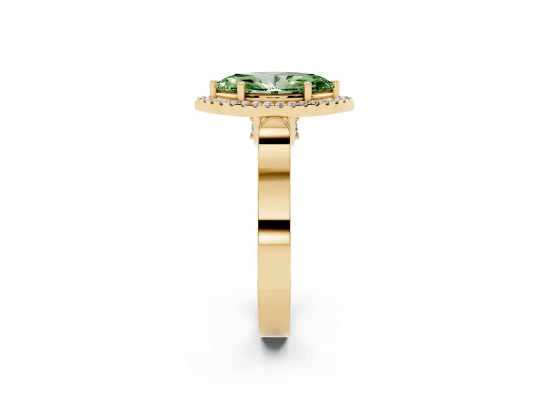 Fancy Green Marquise Cut Diamond Halo Ring Set in Yellow gold with Pavé-Lined Split Shank Band