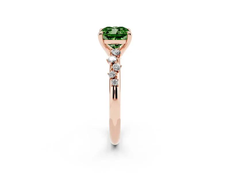 Fancy Green Cushion Cut Diamond Solitaire Vine Band Ring Set in Rose gold with Round Accents and Prong Setting