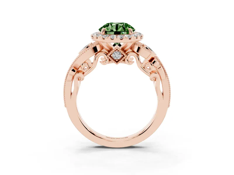 Round Vintage Halo Engagement Ring Setting for a Fancy Green Lab-Grown Diamond | Rose Gold