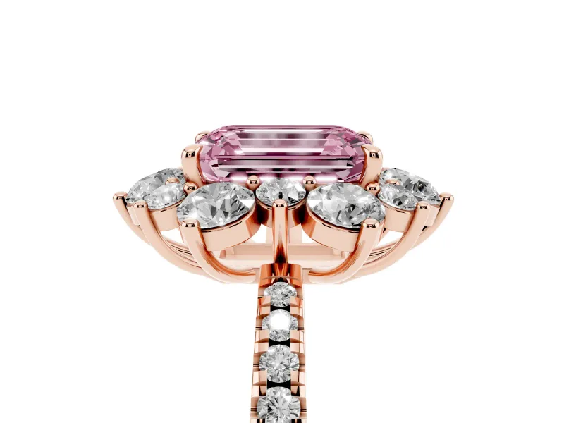 Fancy Pink Emerald Cut Diamond Floral Halo Ring Set in Rose gold with Round Pavé Band and Prong Setting