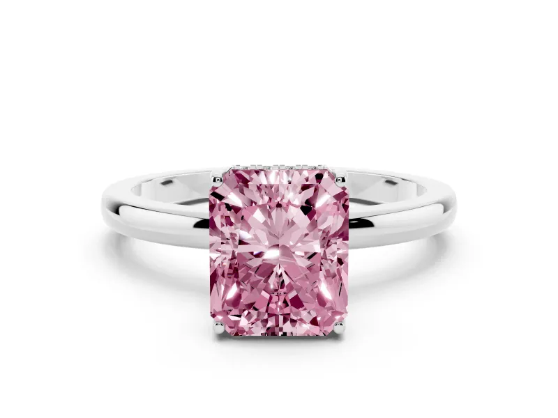 Fancy Pink Radiant Cut Diamond Solitaire Ring Set in White gold with Plain Band and Prong Setting