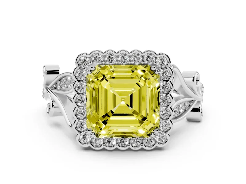 Fancy Yellow Asscher Cut Diamond Halo Ring Set in White gold with Leaf Motif Split Shank and Prong Setting