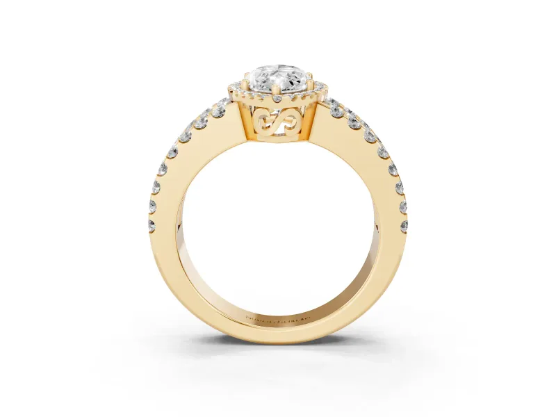 Marquise Cut Diamond Halo Ring Set in Yellow gold with Pavé Split Shank and Prong Setting