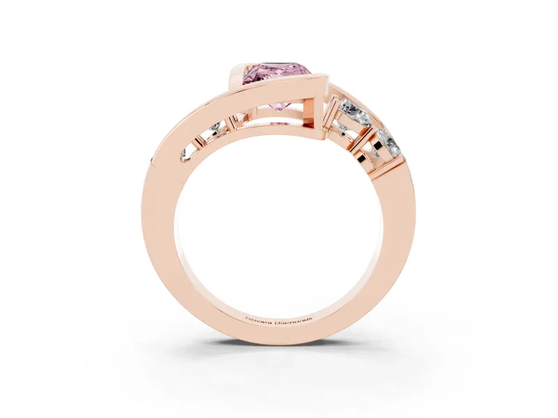 Fancy Pink Radiant Cut Diamond Bezel Bypass Ring Set in Rose gold with Round Accents