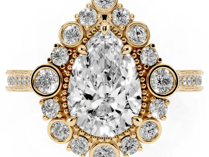 Pear-Shaped Vintage Scalloped Halo Engagement Ring Setting | Milgrain Pavé Band | Yellow Gold