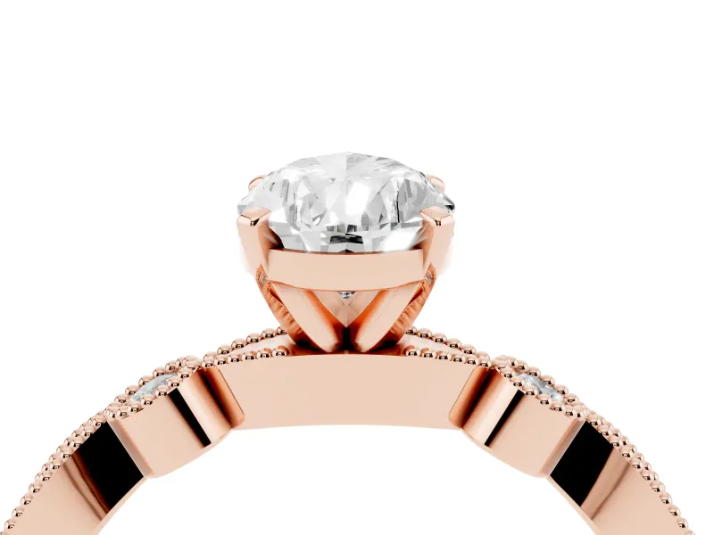 Pear Cut Diamond Solitaire Engagement Ring Set in Rose gold with Milgrain Bezel Accent Band
