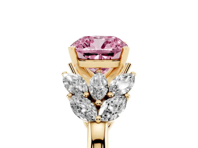 Fancy Pink Cushion Cut Diamond Cluster Leaf Design Ring Set in Yellow gold with Prong Setting