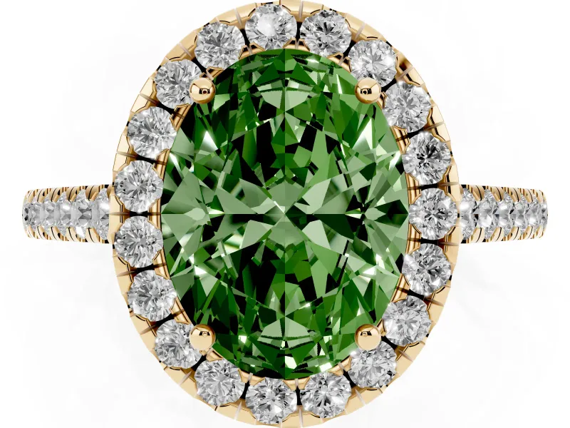 Oval Halo Engagement Ring Setting for a Fancy Green Lab-Grown Diamond | Pave Shoulders | Yellow Gold