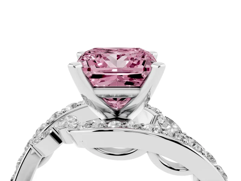 Fancy Pink Princess Cut Diamond Solitaire Ring Set in Silver with Pavé Twist Band and Secure Prong Setting