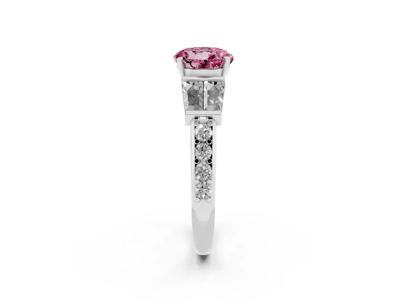 Fancy Pink Round Cut Diamond Engagement Ring Set in Silver with Baguette Side Stones and Channel Set Band