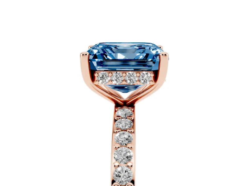 Fancy Blue Asscher Cut Diamond Pavé Band Ring Set in Rose gold with Prong-Set Center Stone