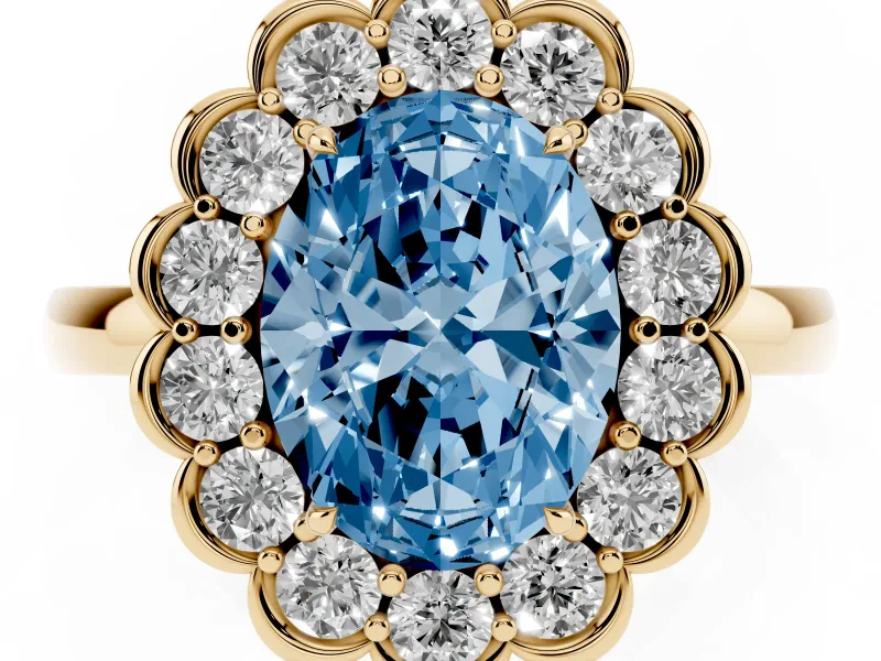 Oval Scalloped Cluster Halo Engagement Ring Setting for a Fancy Blue Lab-Grown Diamond | Plain Band | Yellow Gold