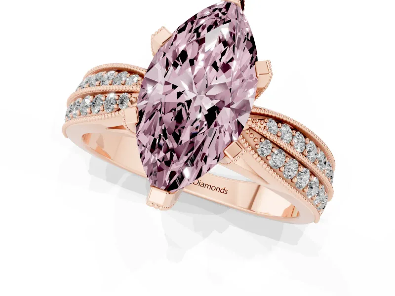 Fancy Pink Marquise Cut Diamond Solitaire Ring Set in Rose gold with Milgrain Double Row Round Pavé Band