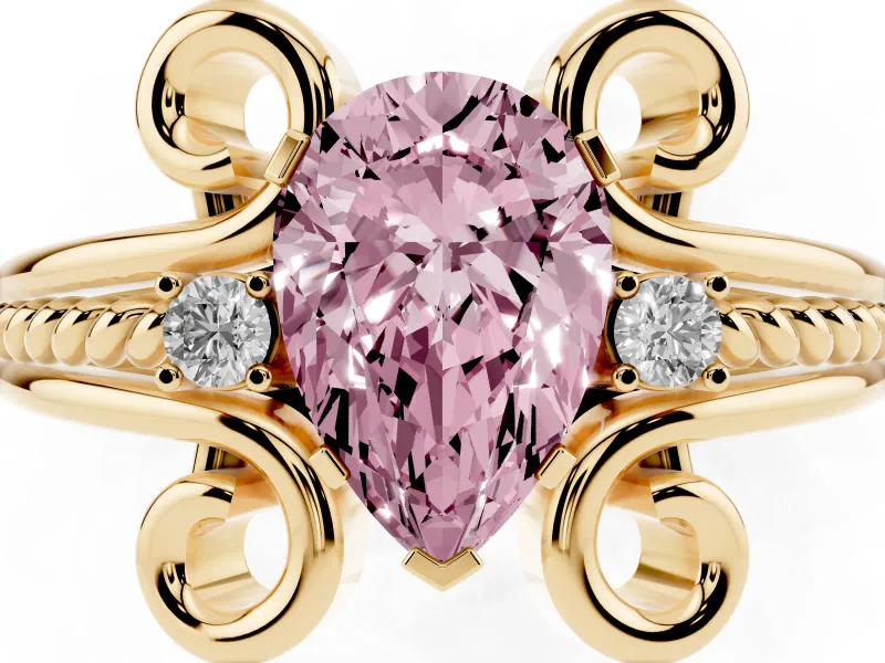 Fancy Pink Pear Cut Diamond Twisted Band Solitaire Ring Set in Yellow gold with Scroll Prongs