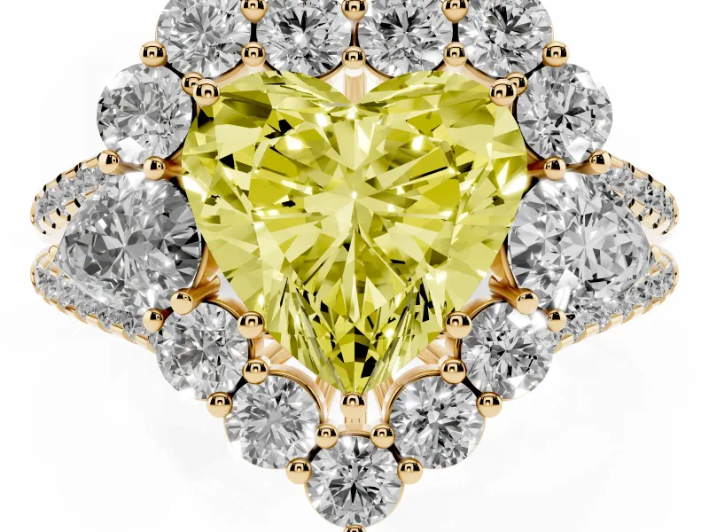 Fancy Yellow Heart Cut Diamond Halo Split Shank Engagement Ring Set in Yellow gold with Prong-Held Center Stone