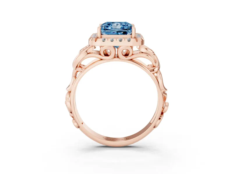 Princess Cut Filigree Halo Engagement Ring Setting for a Fancy Blue Lab-Grown Diamond | Rose Gold