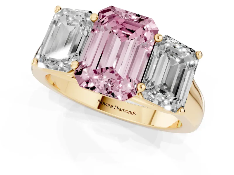 Emerald Cut Three Stone Engagement Ring Setting for a Fancy Pink Lab-Grown Diamond | Basket Prong Heads | Yellow Gold