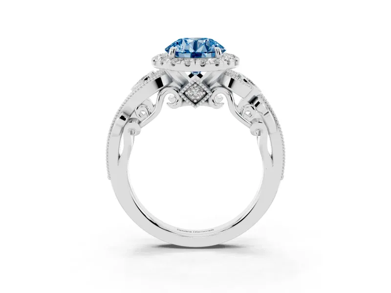 Round Vintage Halo Engagement Ring Setting for a Fancy Blue Lab-Grown Diamond | Bezel Shoulder Accents | Sterling Silver