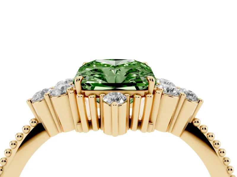 Fancy Green Radiant Cut Diamond Cluster Ring Set in Yellow gold with Beaded Band