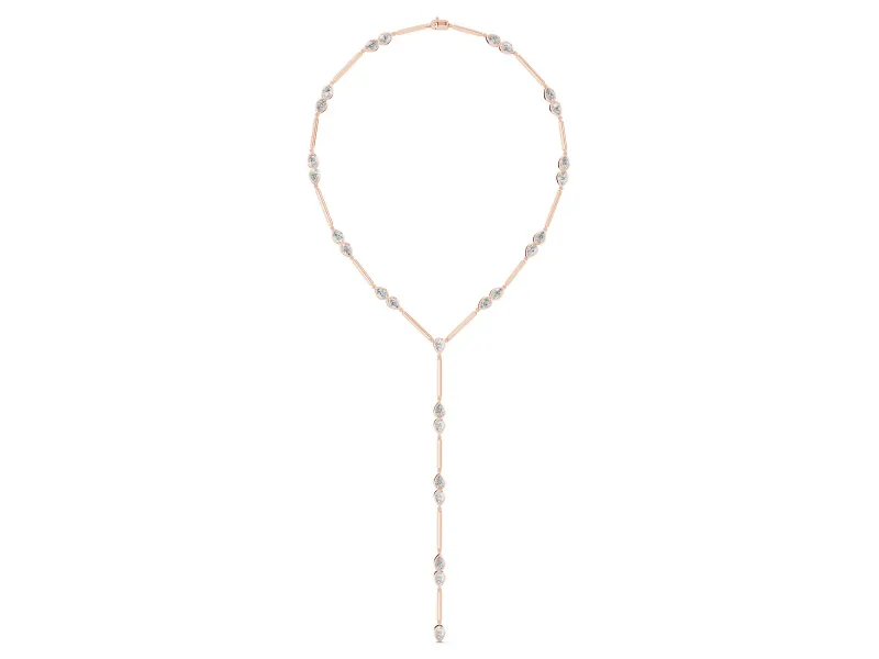 Pear-Shaped Lab-Grown Diamond Bezel Station Lariat Necklace | Polished Bar Links | Rose Gold