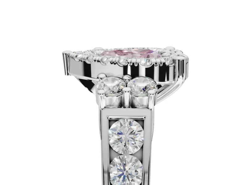 Heart-Shaped Halo Engagement Ring Setting for a Fancy Pink Lab-Grown Diamond | Graduated Channel Band | Sterling Silver