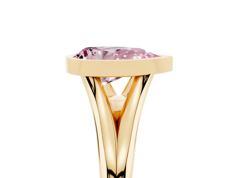 Fancy Pink Bezel Set Pear Cut Diamond Solitaire Ring Set in Yellow gold with Tapered Band
